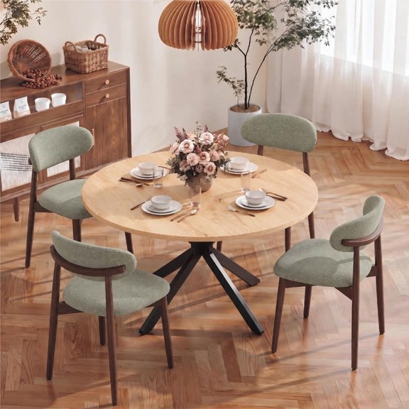 COLAMY 5-Piece Extendable Dining Table Set, 43"-59" Round to Oval Kitchen Table with 4 Upholstered Mid-Century Chairs, Modern Small Space Dining Room Set, Natural and Green