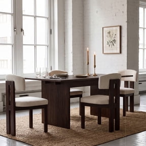 COLAMY 5-Piece Modern Dining Room Set, 63" Rectangular Kitchen Table with 4 Upholstered Dining Chairs, Heavy-Duty Ribbed Base Wood Dining Set - Lucena Oak/Beige