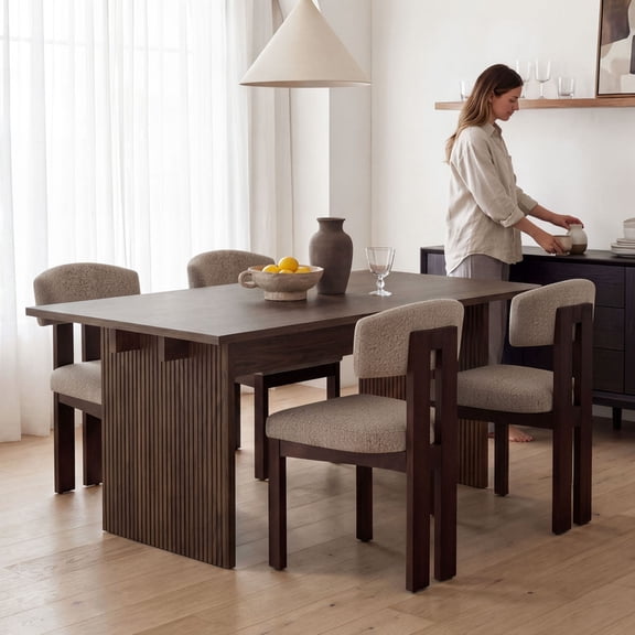 COLAMY 5-Piece Modern Dining Room Set, 63" Rectangular Kitchen Table with 4 Upholstered Dining Chairs, Heavy-Duty Ribbed Base Wood Dining Set - Lucena Oak/Brown