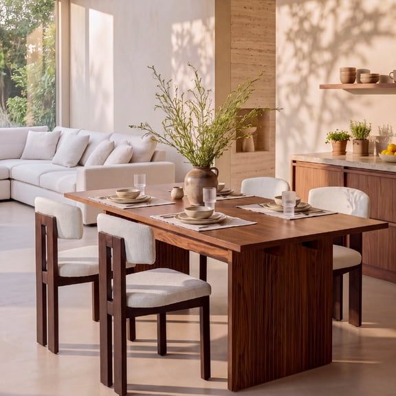 COLAMY 5-Piece Modern Dining Room Set, 63" Rectangular Kitchen Table with 4 Upholstered Dining Chairs, Heavy-Duty Ribbed Base Wood Dining Set - Walnut/Beige