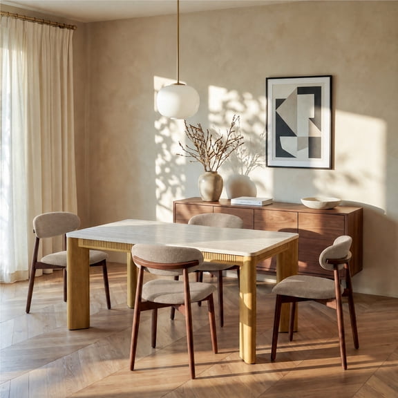 COLAMY 5-Piece Modern Dining Room Table Set, 63" Stone-Look Kitchen Table with 4 Upholstered Dining Chairs, Solid Wood Frame, Mid-Century Dining Furniture for Small Spaces, Camel