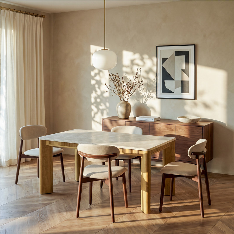 COLAMY 5-Piece Modern Dining Room Table Set, 63" Stone-Look Kitchen Table with 4 Upholstered Dining Chairs, Solid Wood Frame, Mid-Century Dining Furniture for Small Spaces, Beige