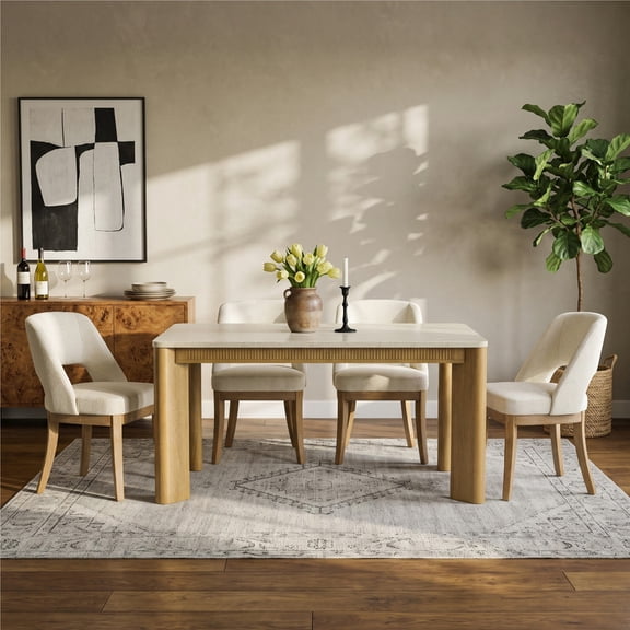 COLAMY 5-Piece Modern Dining Set, 63" Travertine-Look Kitchen Table with 4 Open-Back Cutout Upholstered dining chairs, Fluted Wood Apron, Solid Rubberwood Frame, Dining Furniture, Beige