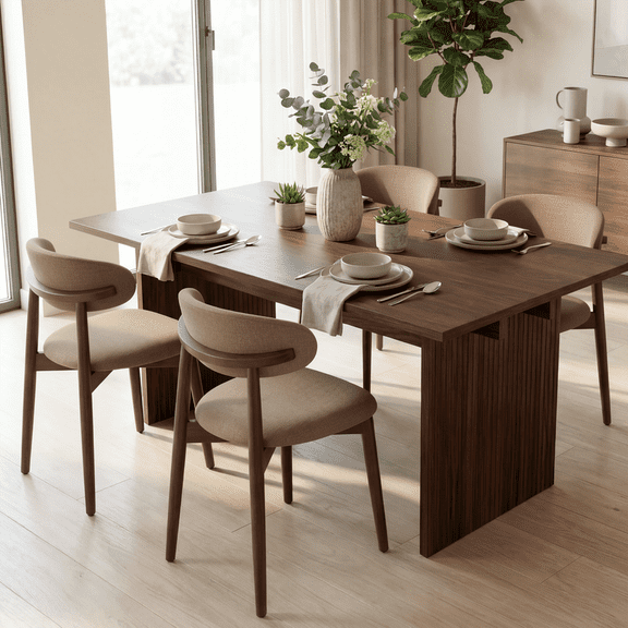 COLAMY 5-Piece Modern Dining Table Set, Sturdy Wood Kitchen Table 63” and 4 Upholstered Dining Chairs for Small Spaces, Mid-Century Farmhouse Dining Room Furniture Set, Walnut/Camel