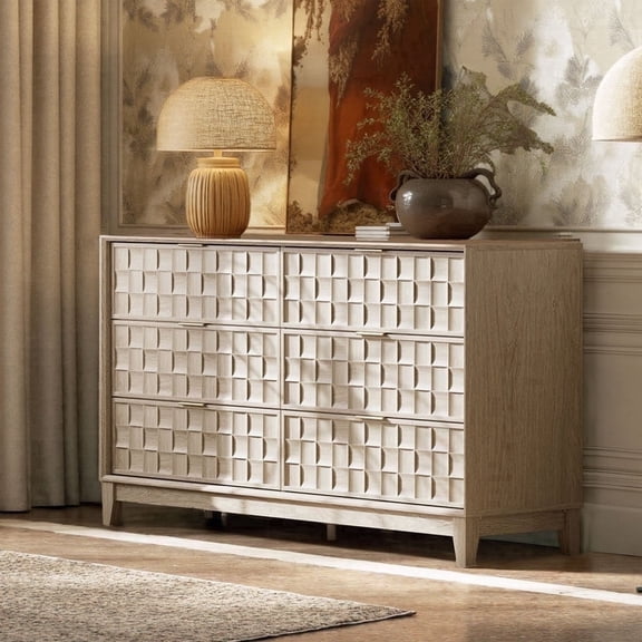COLAMY 6 Drawer Dresser for Bedroom, Modern Wood Chest of Drawers, Wide Double White Oak Dressers with 3D Textured Design & Gold Handles, Storage Cabinet TV Stand for 65 inch TV, White Oak