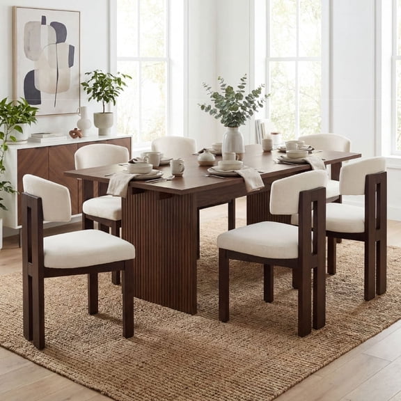 COLAMY 7-Piece Modern Dining Room Set, 63" Rectangular Kitchen Table with 6 Upholstered Dining Chairs, Heavy-Duty Ribbed Base Wood Dining Set - Lucena Oak/Beige