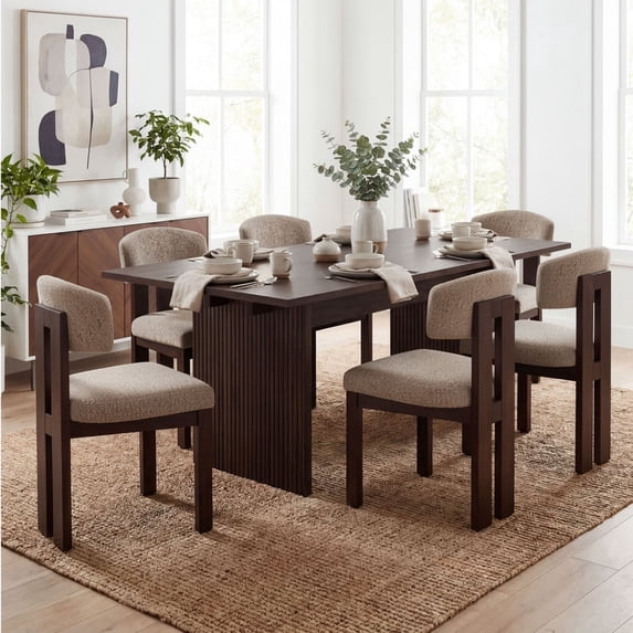 COLAMY 7-Piece Modern Dining Room Set, 63" Rectangular Kitchen Table with 6 Upholstered Dining Chairs, Heavy-Duty Ribbed Base Wood Dining Set - Lucena Oak/Brown