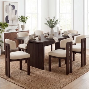 COLAMY 7-Piece Modern Dining Room Set, 63" Rectangular Kitchen Table with 6 Upholstered Dining Chairs, Heavy-Duty Ribbed Base Wood Dining Set - Lucena Oak/Camel