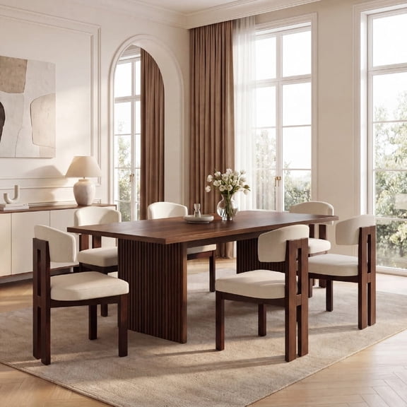 COLAMY 7-Piece Modern Dining Room Set, 63" Rectangular Kitchen Table with 6 Upholstered Dining Chairs, Heavy-Duty Ribbed Base Wood Dining Set - Walnut/Beige