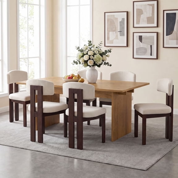 COLAMY 7-Piece Modern Dining Room Set, 63" Rectangular Kitchen Table with 6 Upholstered Dining Chairs, Heavy-Duty Ribbed Base Wood Dining Set - Wild Oak/Beige
