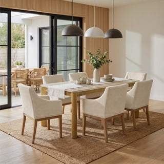 COLAMY 7-Piece Modern Dining Room Table Set, 63" Travertine-Look Kitchen Table with 6 Upholstered Armchairs, Rubberwood Solid Frame, Elegant Mid-Century Dining Furniture Set, Beige