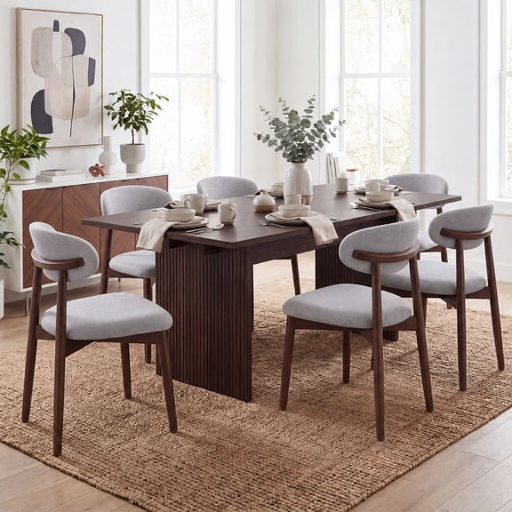 COLAMY 7-Piece Modern Dining Table Set, Sturdy Wood Kitchen Table and 6 Upholstered Dining Chairs for Small Spaces, Mid-Century Farmhouse Dining Room Furniture Set, Lucena Oak/Grey