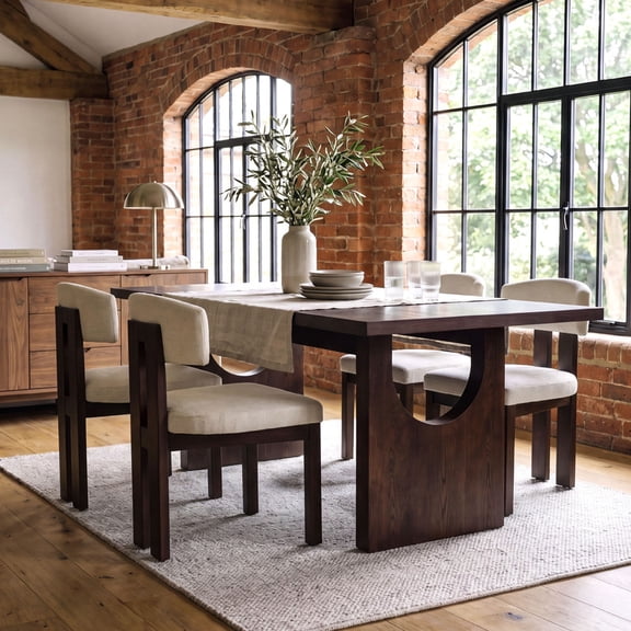 COLAMY 72" Modern Wood Dining Table Set for 4 to 6 with White Glove Delivery & Assembly, 5 Piece Rectangular Kitchen Table and Upholstered Chairs Set, Heavy Duty Oak Veneer - Walnut Beige Chairs