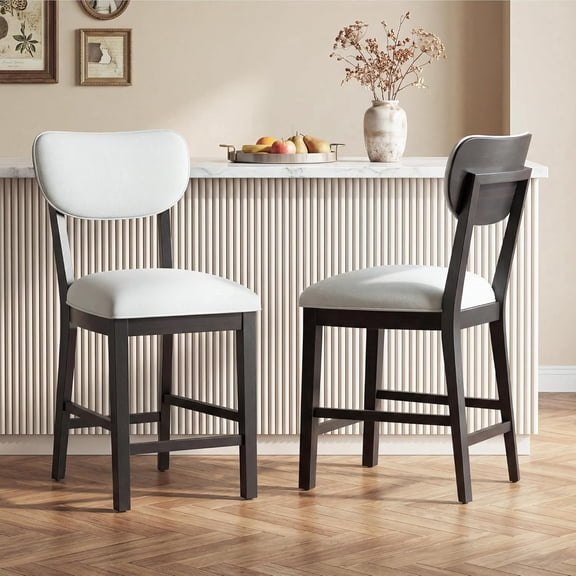 COLAMY Set of 2 Solid Wood Bar Stools, 25.6" Counter Height Upholstered Barstools with Back, Modern Farmhouse Fabric Kitchen Stools for Island, Black