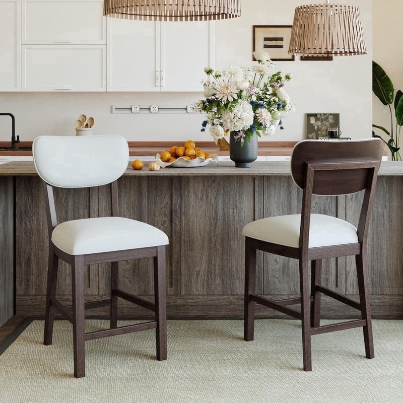 COLAMY Set of 2 Solid Wood Bar Stools, 25.6" Counter Height Upholstered Barstools with Back, Modern Farmhouse Fabric Kitchen Stools for Island, Brown