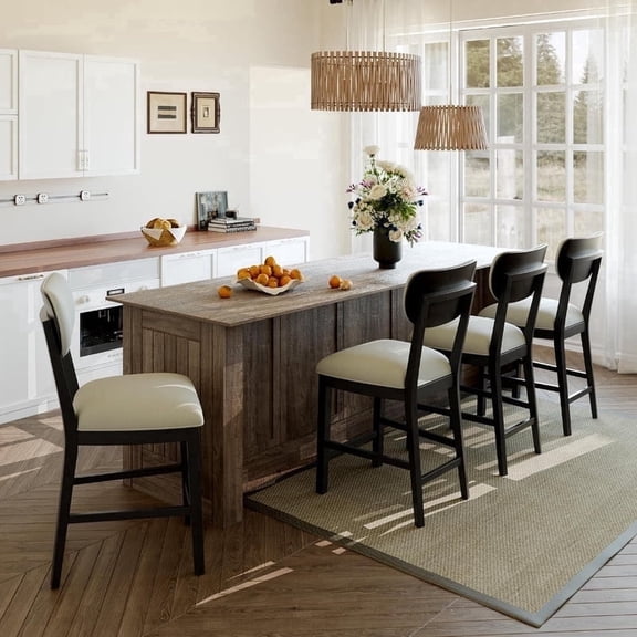 COLAMY Set of 4 Counter Height Bar Stools, Solid Wood Upholstered Barstools with Backrest, Modern Farmhouse Fabric Kitchen Island Stools,Black