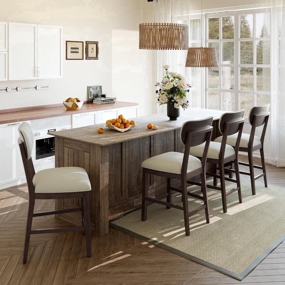 COLAMY Set of 4 Counter Height Bar Stools, Solid Wood Upholstered Barstools with Backrest, Modern Farmhouse Fabric Kitchen Island Stools,Brown