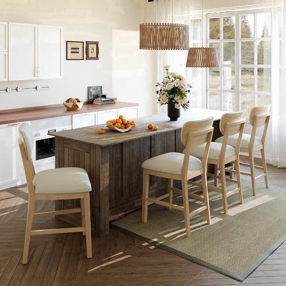 COLAMY Set of 4 Counter Height Bar Stools, Solid Wood Upholstered Barstools with Backrest, Modern Farmhouse Fabric Kitchen Island Stools，Natural