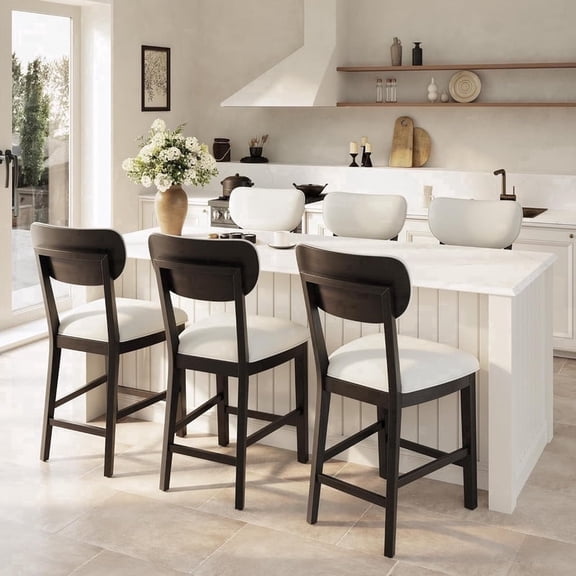 COLAMY Set of 6 Modern Farmhouse Bar Stools, 25.6" Counter Height Solid Wood Upholstered Barstools with Back, Padded Fabric Kitchen Dining Stools, Black