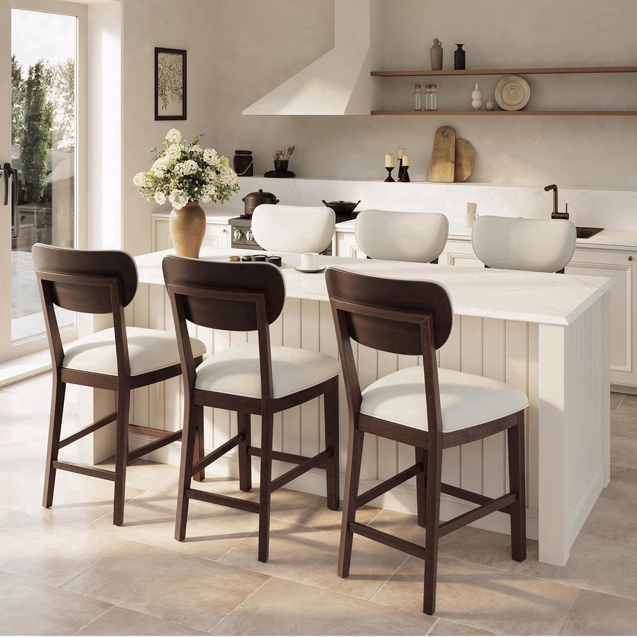 COLAMY Aurel Solid Wood Bar Stool Set of 6, Fabric Upholstered Counter ...