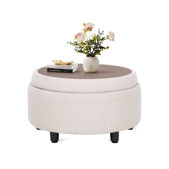 Beige Round Ottoman with Storage and Reversible Tray, Upholstered Fabric Footrest Coffee Table for Living Room, Bedroom, Entryway-25 Inch
