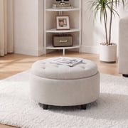 Beige Round Ottoman with Storage and Reversible Tray, Upholstered Fabric Footrest Coffee Table for Living Room, Bedroom, Entryway-25 Inch