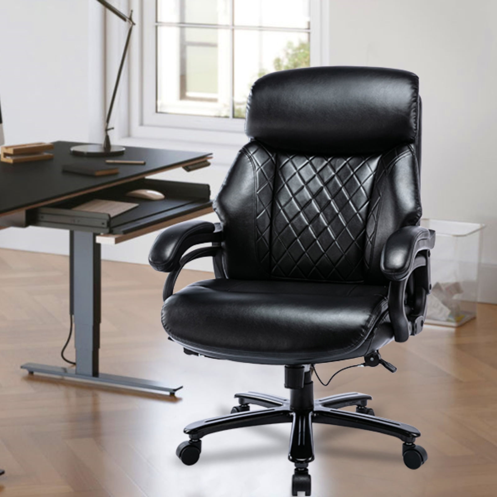 COLAMY Big 400lb Black Leather Ergonomic Office Chair for with Adjustable Headrest and