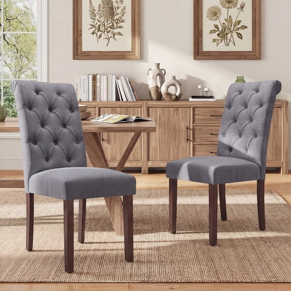 Upholstered Parsons Dining Chairs Set of 2, Button Tufted Kitchen Side Chair for Dining Room, Grey