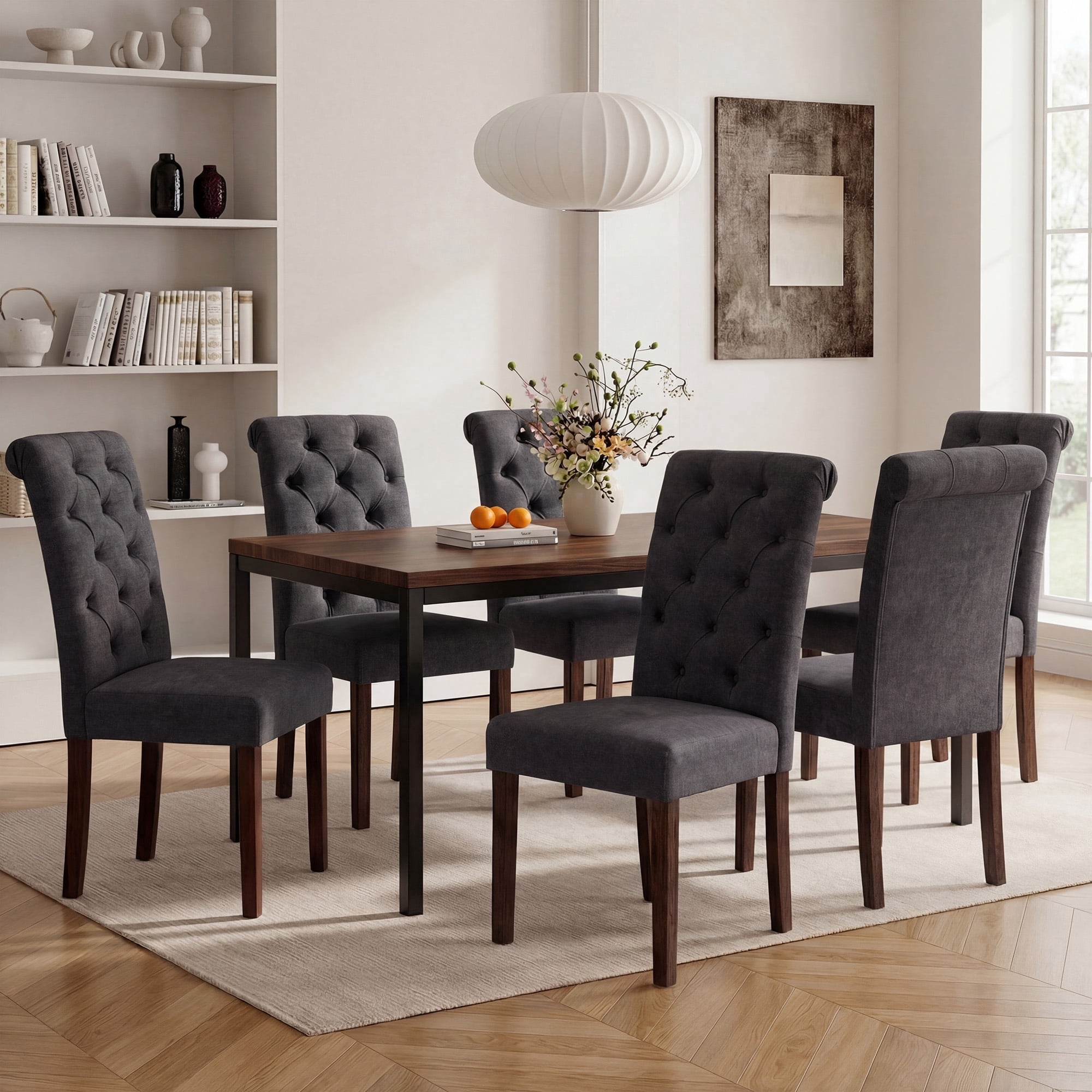 Upholstered Parsons Dining Chairs Set of 6, Button Tufted Kitchen Side Chair for Dining Room, Black