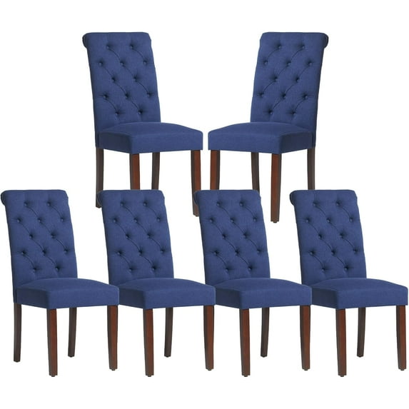 COLAMY Button Tufted Dining Chairs Set of 6, Parsons Upholstered Fabric Dining Room Chairs Kitchen Chairs with Wood Legs and Padded Seat, Dark Blue