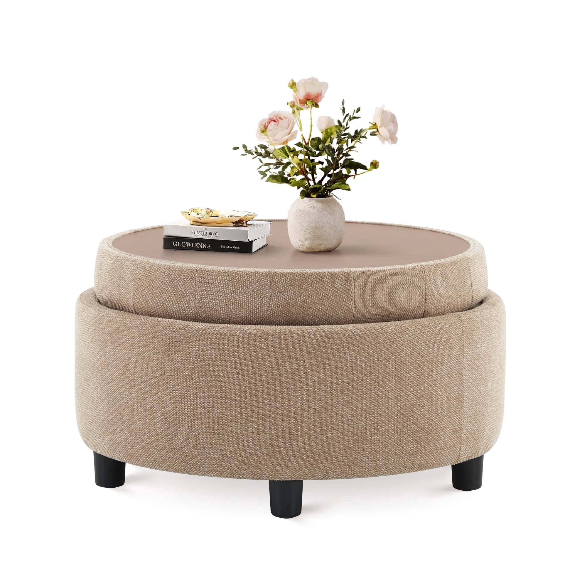 Camel Round Ottoman with Storage and Reversible Tray, Upholstered Fabric Footrest Coffee Table for Living Room, Bedroom, Entryway-25 Inch - Walmart.com