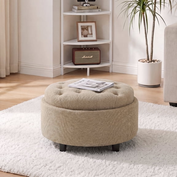 Camel Round Ottoman with Storage and Reversible Tray, Upholstered Fabric Footrest Coffee Table for Living Room, Bedroom, Entryway-25 Inch
