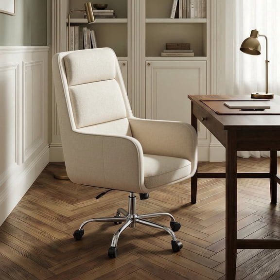 COLAMY Cocoon Modern Executive High Back Home Office Chair, Upholstered Desk Chair with Wheels, Vanity Chair with Head and Lumbar Support, Armrest (Beige)