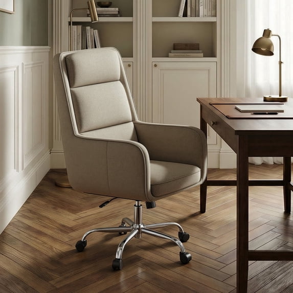 COLAMY Cocoon Modern Executive High Back Home Office Chair, Upholstered Desk Chair with Wheels, Vanity Chair with Head and Lumbar Support, Armrest (Camel)