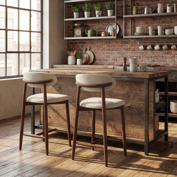 COLAMY Counter Height Bar Stools Set of 2, Kitchen Bar Stools with Back, Mid Century Modern Upholstered, with Wood Legs for Kitchen Island Dining Room, Beige