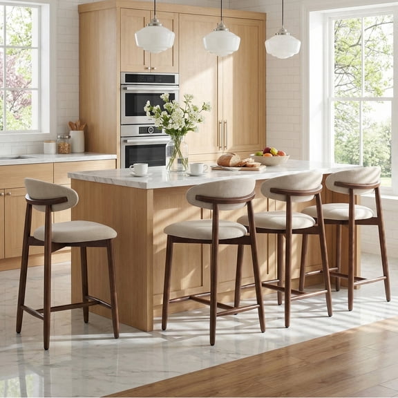COLAMY Upholstered Counter Height Bar Stools Set of 4, Kitchen Island Stools with Back, Suitable for 34"-41" Table, Modern Counter Chairs with Wood Legs for Dining Room, Beige