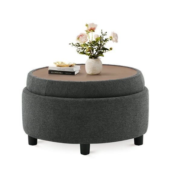 Darkgrey Round Ottoman with Storage and Reversible Tray, Upholstered Fabric Footrest Coffee Table for Living Room, Bedroom, Entryway-25 Inch