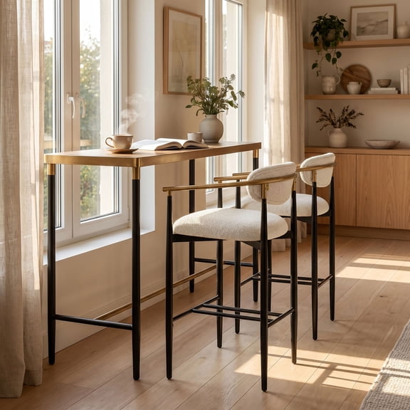 COLAMY ELEN Set of 2 Modern Counter Height Bar Stools with Arms and Back, 25.5" Upholstered Kitchen Island Chairs, Luxury Metal Frame Barstools for Home Bar Dining Room, Beige