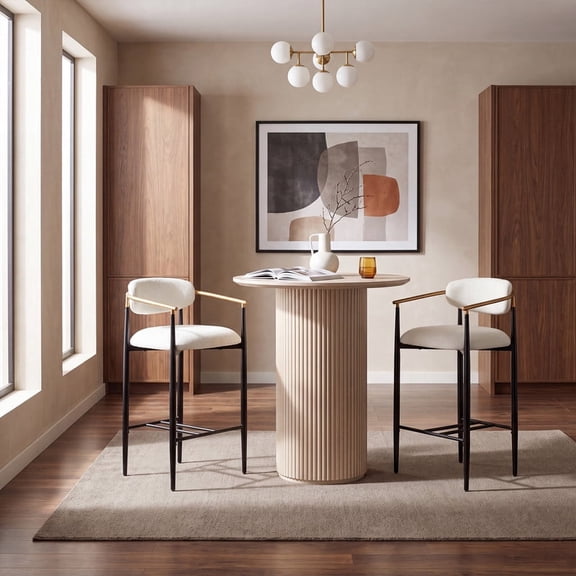 COLAMY ELEN Set of 2 Modern Bar Height Stools with Arms and Back, 29.5" Upholstered Barstools, Luxury Kitchen Island Chairs with Metal Frame & Footrest for Home Bar, Beige