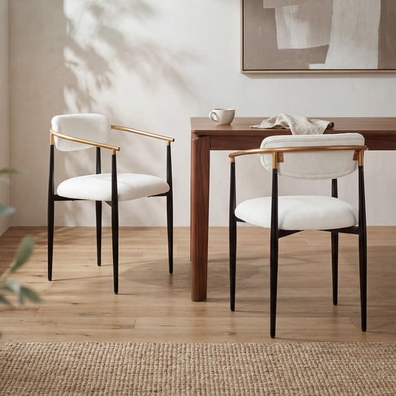 COLAMY ELEN Set of 2 Modern Dining Chairs, Upholstered Arm Chair with Gold Metal Frame, Comfy 3" Cushion Kitchen Chairs for Dining Room, Beige