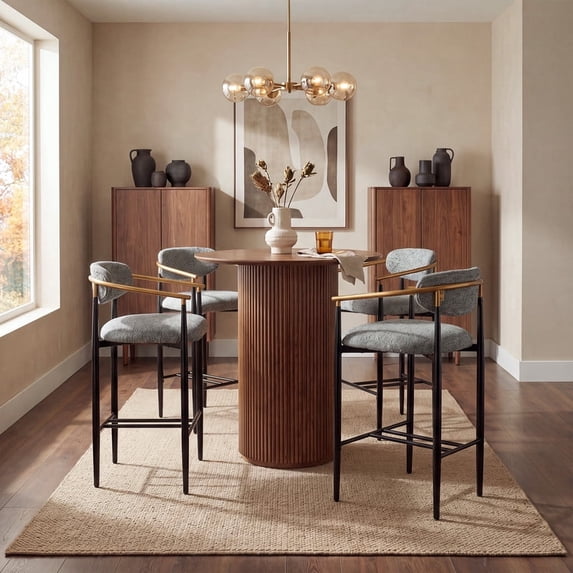 COLAMY ELEN Set of 4 Modern Bar Height Stools with Arms and Back, 29.5" Upholstered Barstools, Luxury Kitchen Island Chairs with Metal Frame & Footrest for Home Bar, Grey