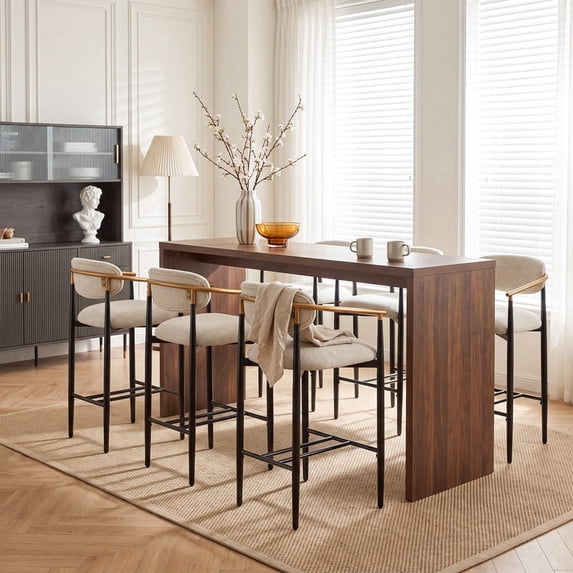 COLAMY ELEN Set of 6 Modern Counter Height Bar Stools with Arms and Back, 25.5" Upholstered Kitchen Island Chairs, Luxury Metal Frame Barstools for Home Bar Dining Room, Camel
