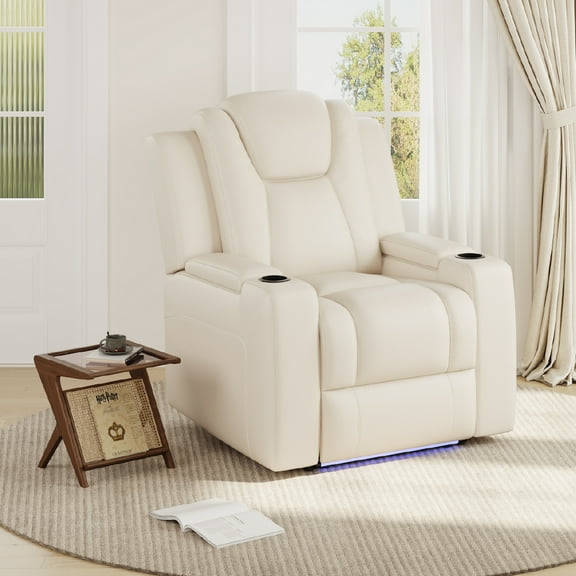 COLAMY Electric Power Recliner Living Room Chair with Adjustable Headrest, Leather Reclining Seat with Hidden Armrest Storage, Dual Cup Holders, USB Charging, LED, Beige