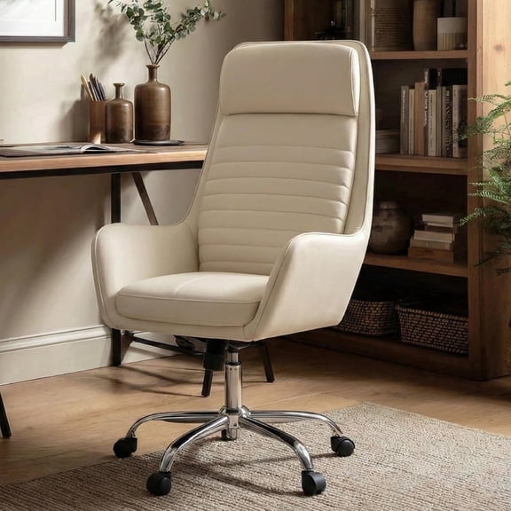COLAMY Ellis High-Back Home Office Desk Chair, Leather Executive Chair with Integrated Armrests, Beige