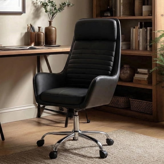 COLAMY High Back Office Chair Executive Desk Chair Ergonomic Leather Computer Chair with Rocking Function and Padded Arms, Swivel Modern Task Chair, Black