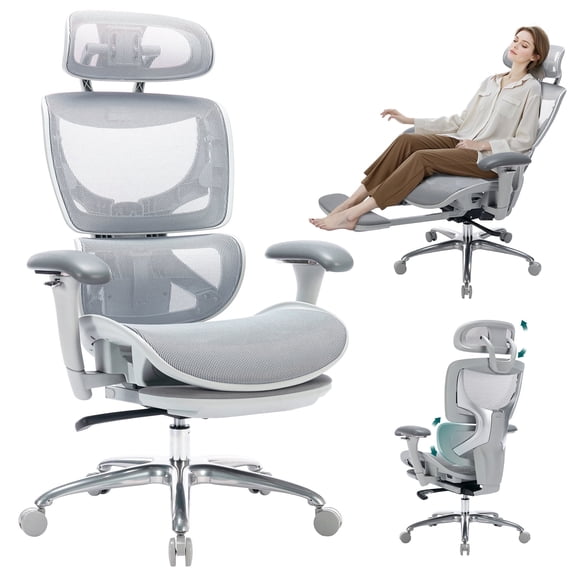 Ergonomic Office Chair - High Back Mesh with Adjustable Arms, Footrest, Lumbar Support and Tilt Lock for Home Office and Workspace, Grey