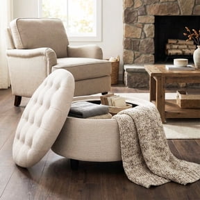 COLAMY Fabric Round Storage Ottoman, Multi-Functional Footrest and Coffee Table with Reversible Tray Lid, Beige