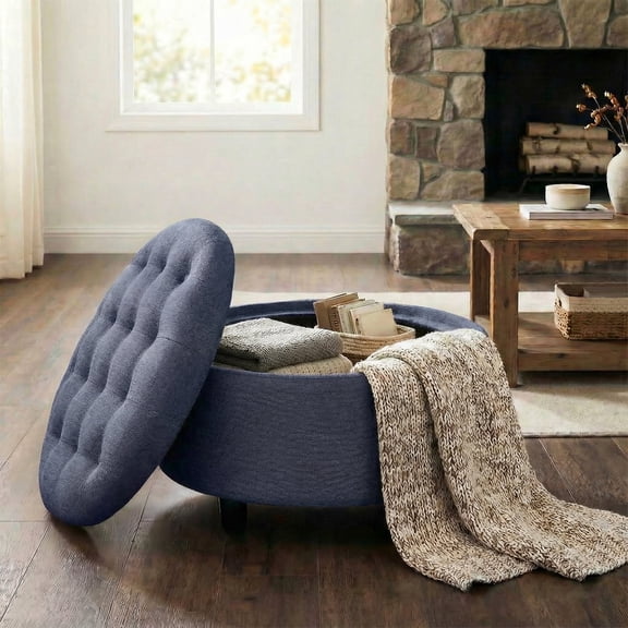 COLAMY Fabric Round Storage Ottoman, Multi-Functional Footrest and Coffee Table with Reversible Tray Lid,Blue
