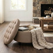 COLAMY Fabric Round Storage Ottoman, Multi-Functional Footrest and Coffee Table with Reversible Tray Lid, Camel
