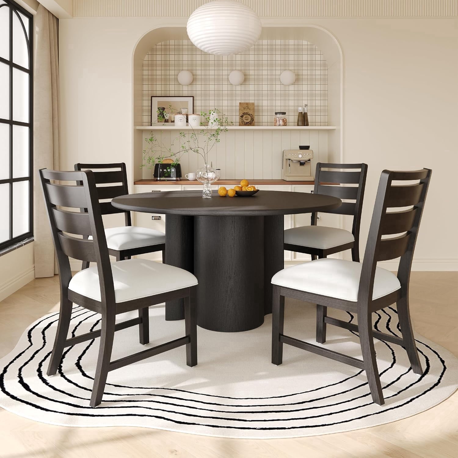 COLAMY SERA Solid Wood Dining Chair Set of 4 with Fabric Upholstered Cushion, Ladder Back Farmhouse Kitchen Chair, Modern Two-Tone Chair for Home and Restaurant, Black